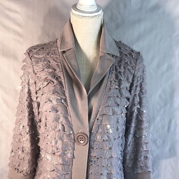 Slinky Brand Silver Tiered Ruffled Sequined One Button Jacket Formal Cardigan S - Picture 2 of 8